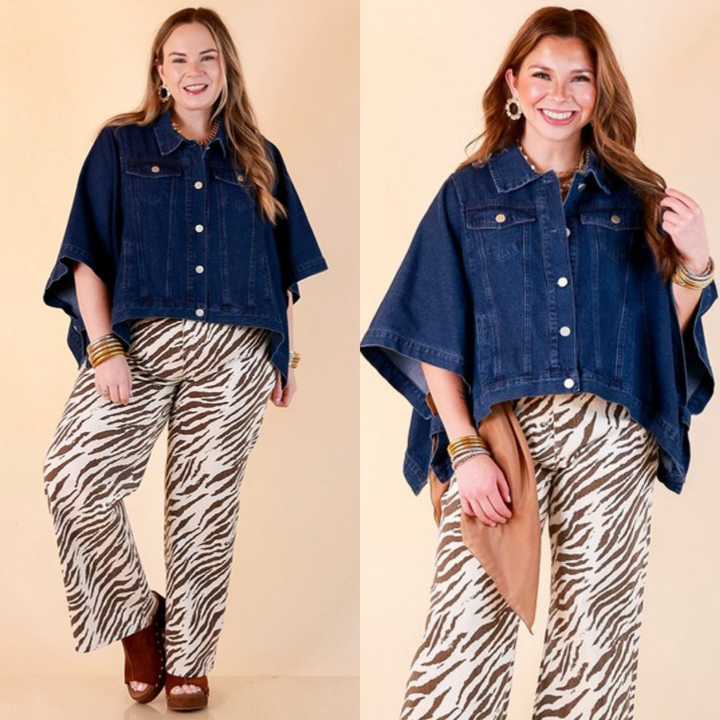 Two images of a woman wearing the Out of the Blue Oversized Dolman Sleeve Snap Front Denim Jacket in Dark Wash on a beige background
