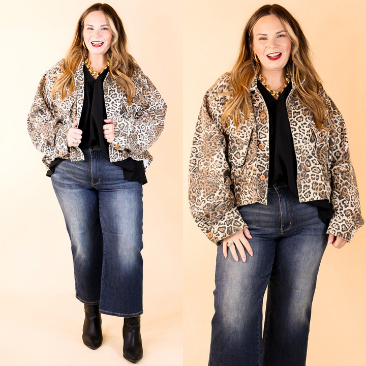 Drippin' in Finesse Over Sized Crop Denim Jacket in Leopard