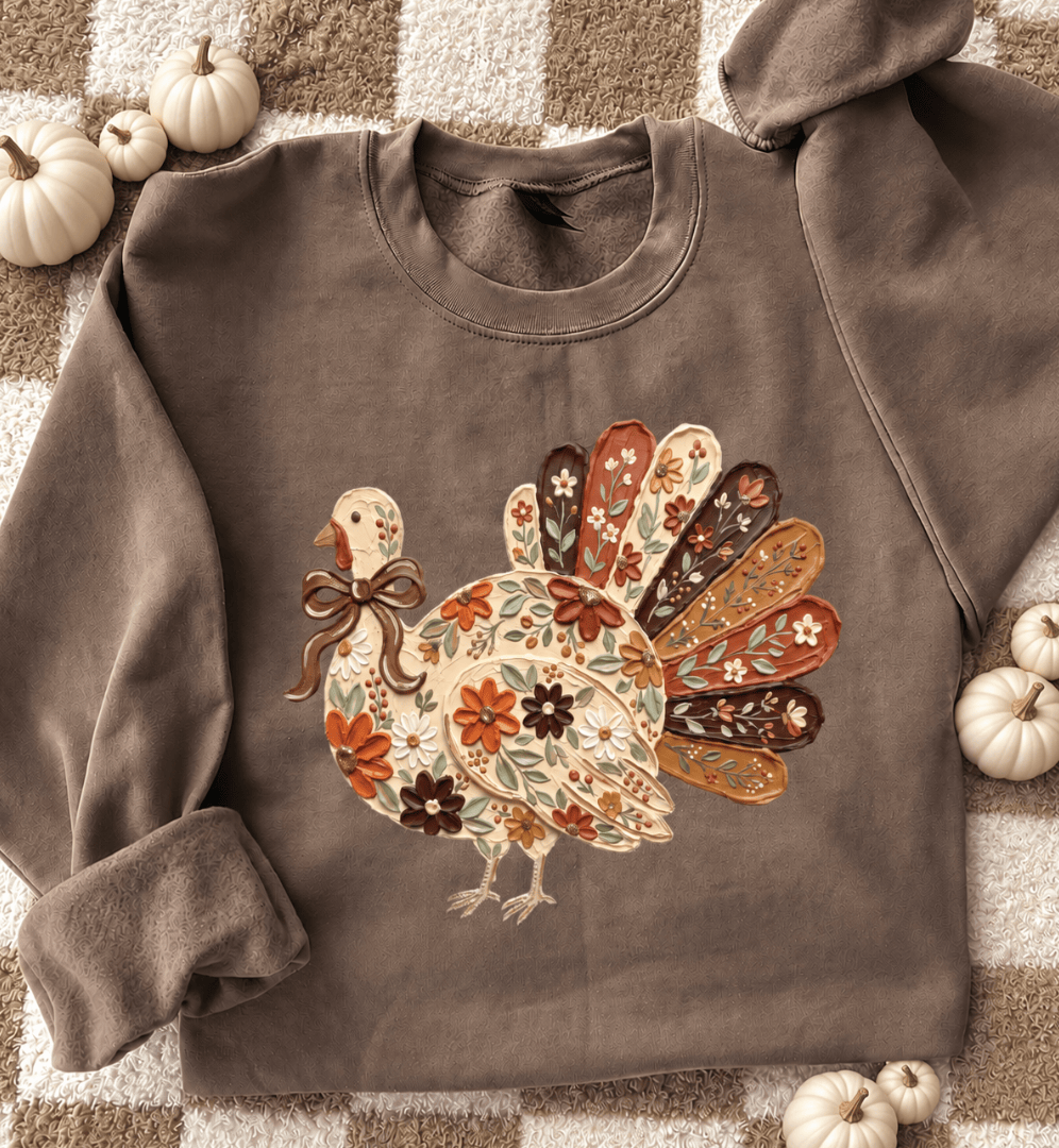 Made to Order | Painted Floral Turkey Graphic Sweatshirt in Brown