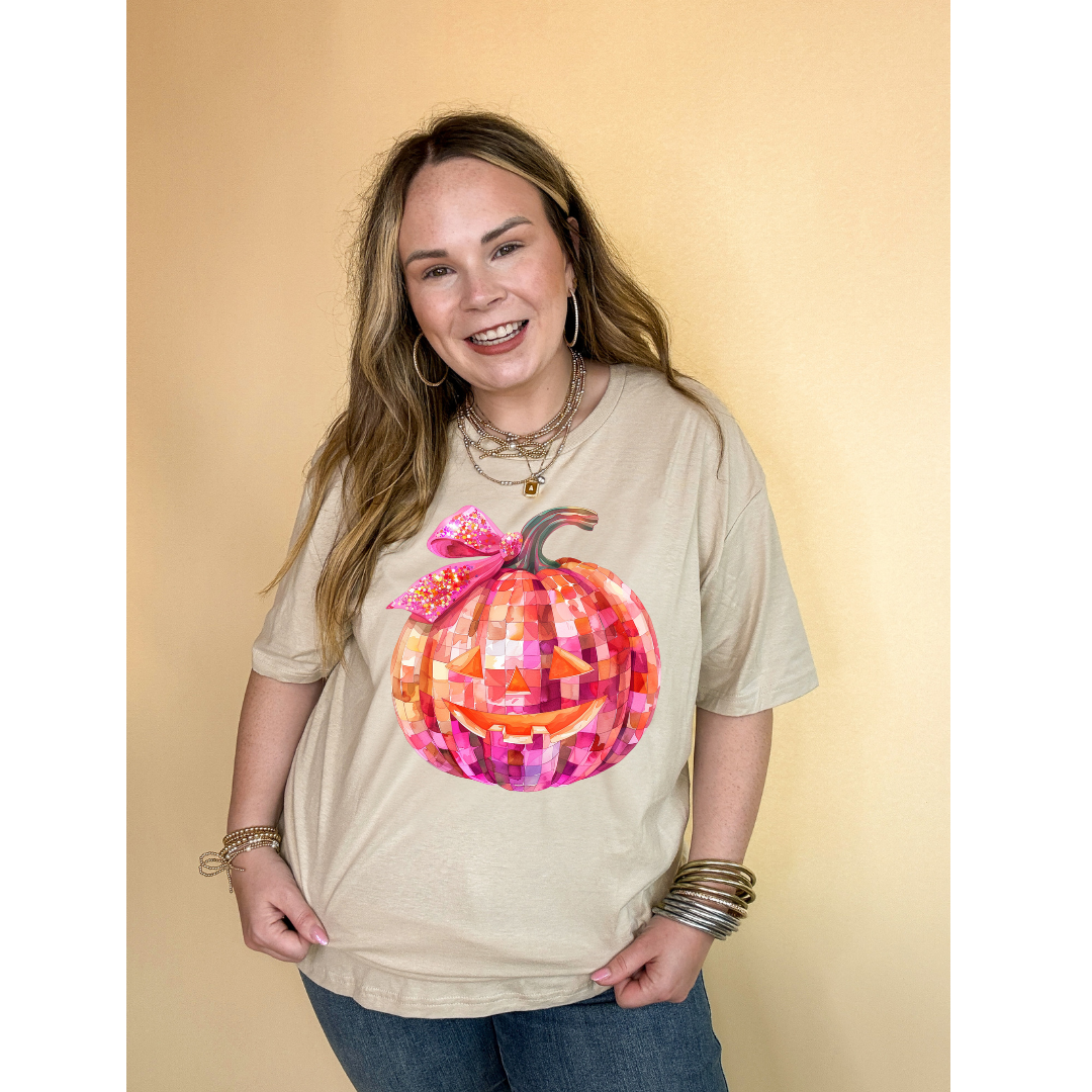 Online Exclusive |  Pink Party Pumpkin with Jack-O-Lantern Face and Half Bow Graphic Tee in Multiple Color Options