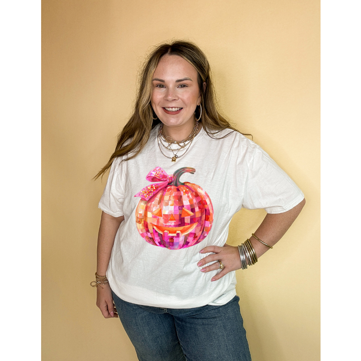 Online Exclusive |  Pink Party Pumpkin with Jack-O-Lantern Face and Half Bow Graphic Tee in Multiple Color Options