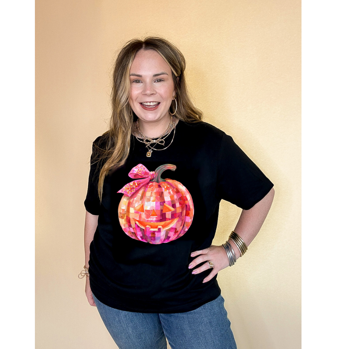 Online Exclusive |  Pink Party Pumpkin with Jack-O-Lantern Face and Half Bow Graphic Tee in Multiple Color Options