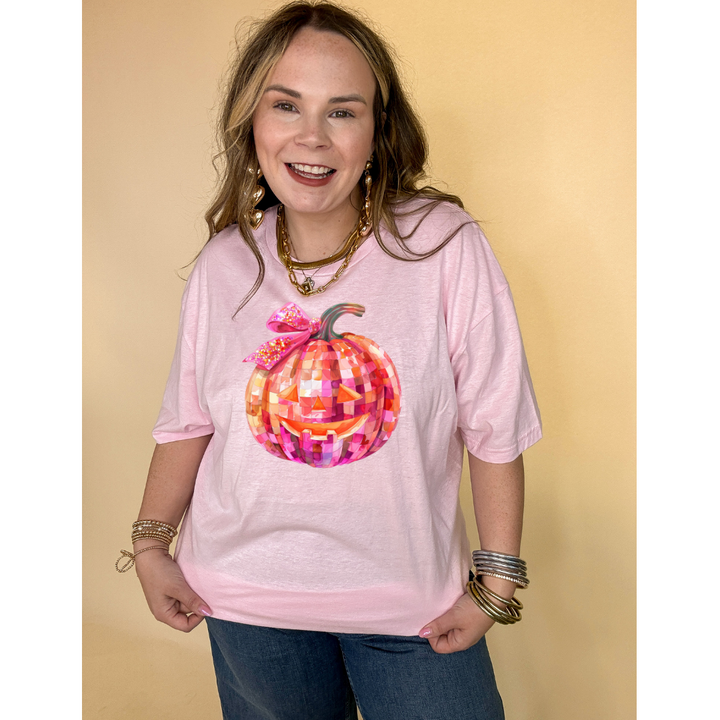 Online Exclusive |  Pink Party Pumpkin with Jack-O-Lantern Face and Half Bow Graphic Tee in Multiple Color Options