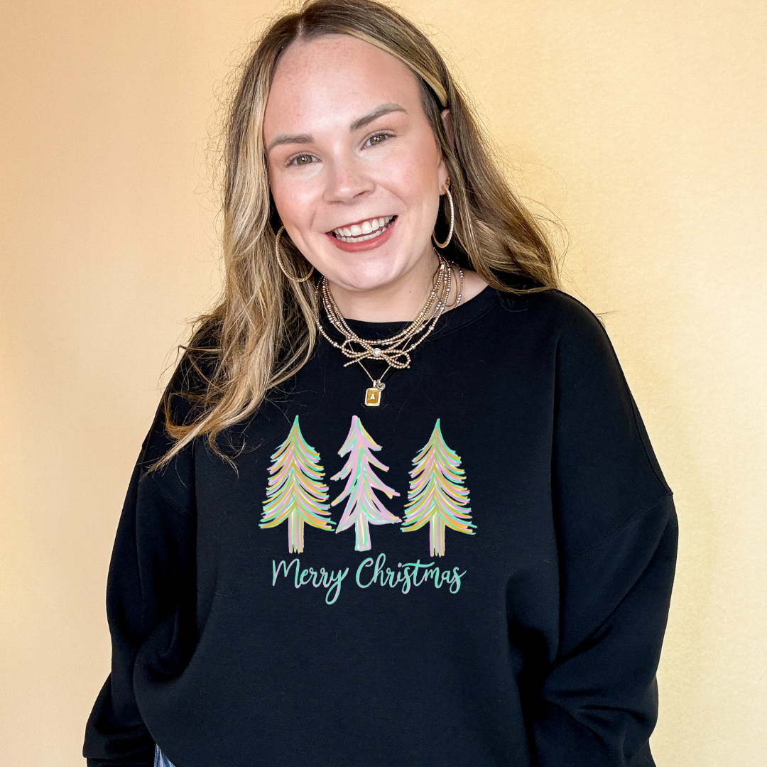 Online Exclusive | Merry Christmas Pastel Christmas Tree Graphic Sweatshirt in Multiple Color Options