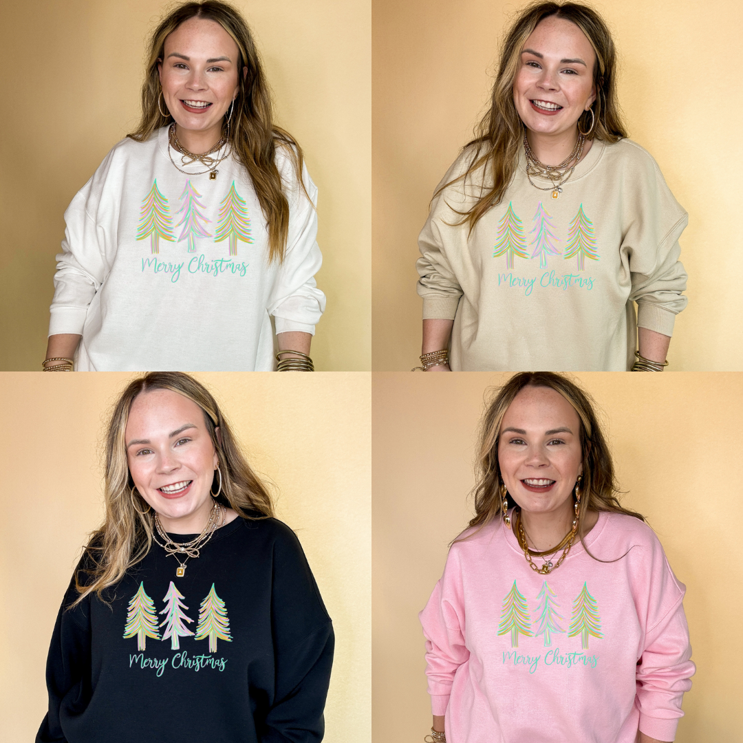 Online Exclusive | Merry Christmas Pastel Christmas Tree Graphic Sweatshirt in Multiple Color Options