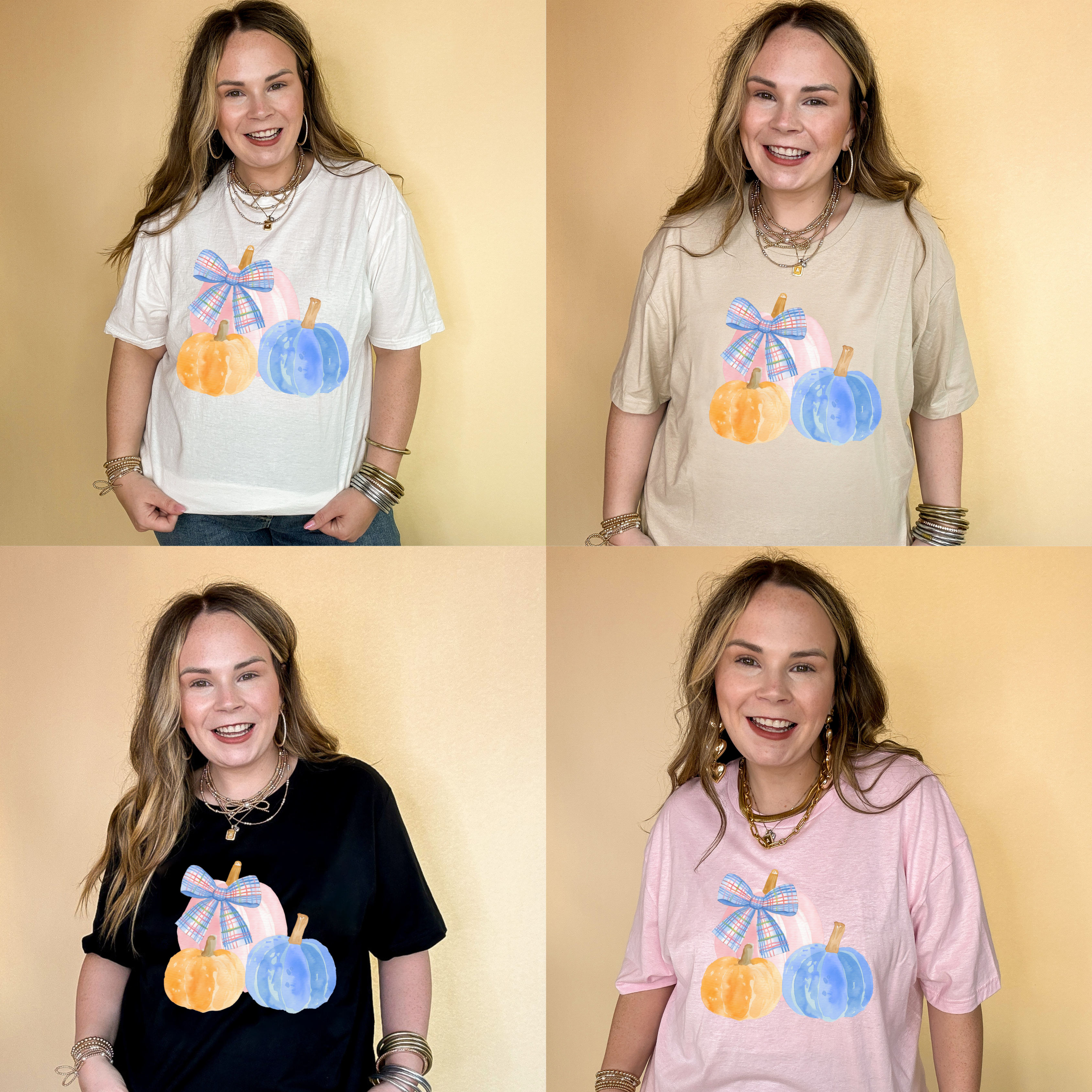 Online Exclusive | Pastel Patch Pumpkins in Orange, Pink and Blue with Plaid Bow Graphic Tee in Multiple Color Options