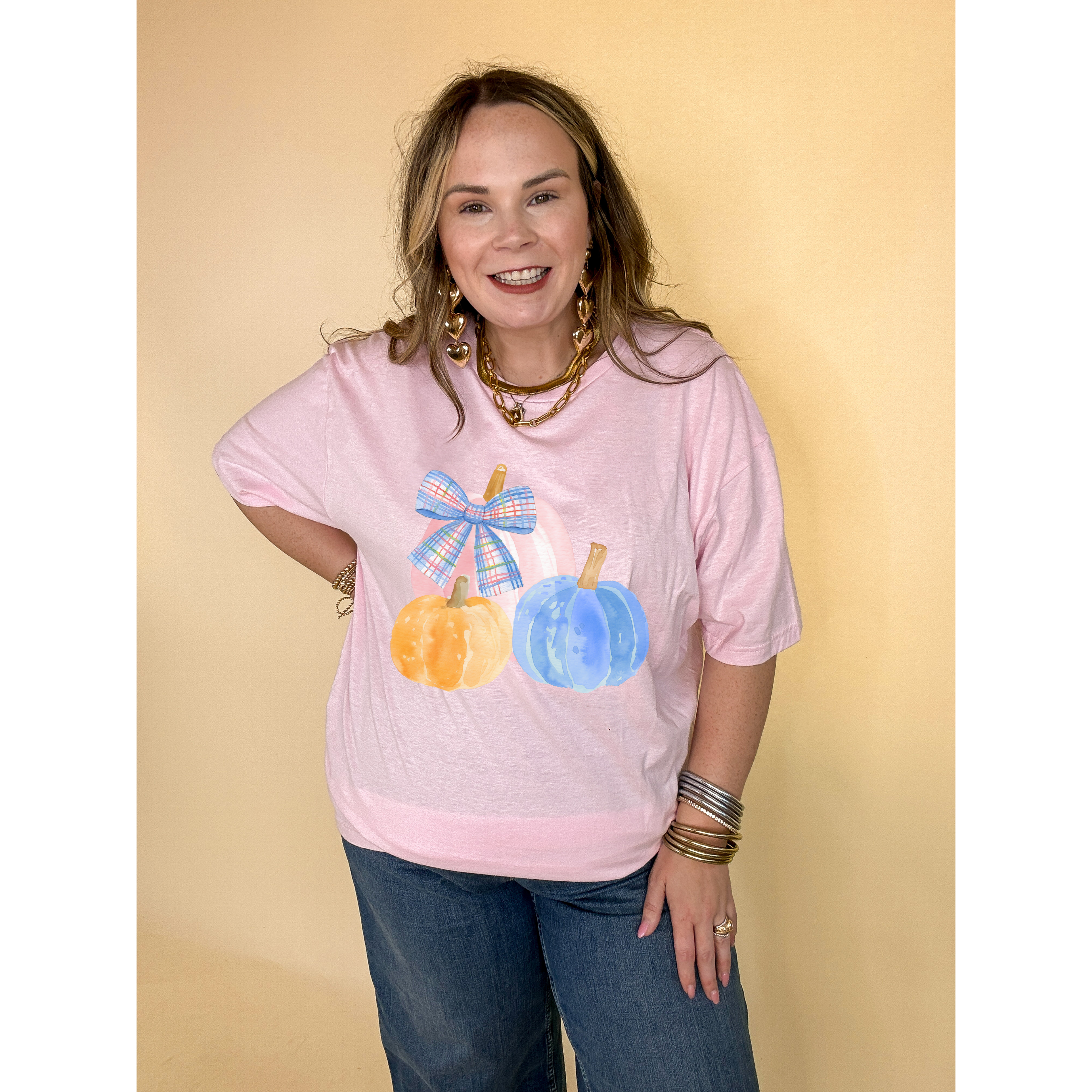 Online Exclusive | Pastel Patch Pumpkins in Orange, Pink and Blue with Plaid Bow Graphic Tee in Multiple Color Options