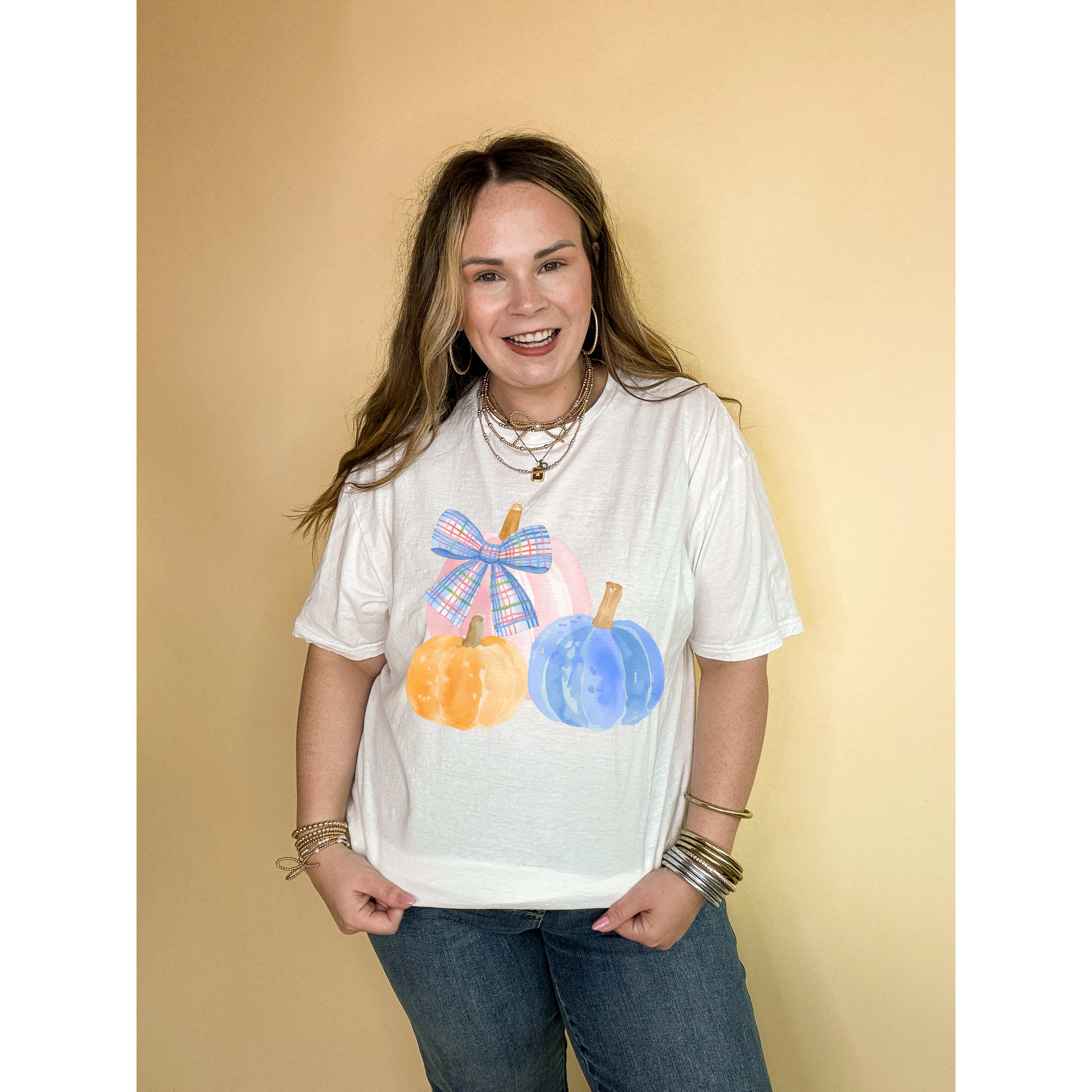 Online Exclusive | Pastel Patch Pumpkins in Orange, Pink and Blue with Plaid Bow Graphic Tee in Multiple Color Options