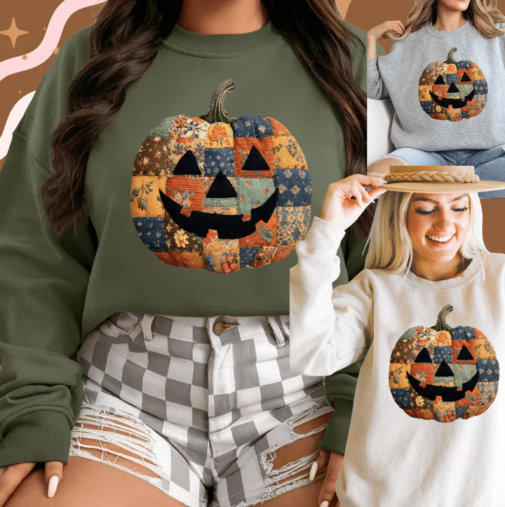 Online Exclusive | Patchwork Pumpkin Graphic on Tee & Sweatshirt Option