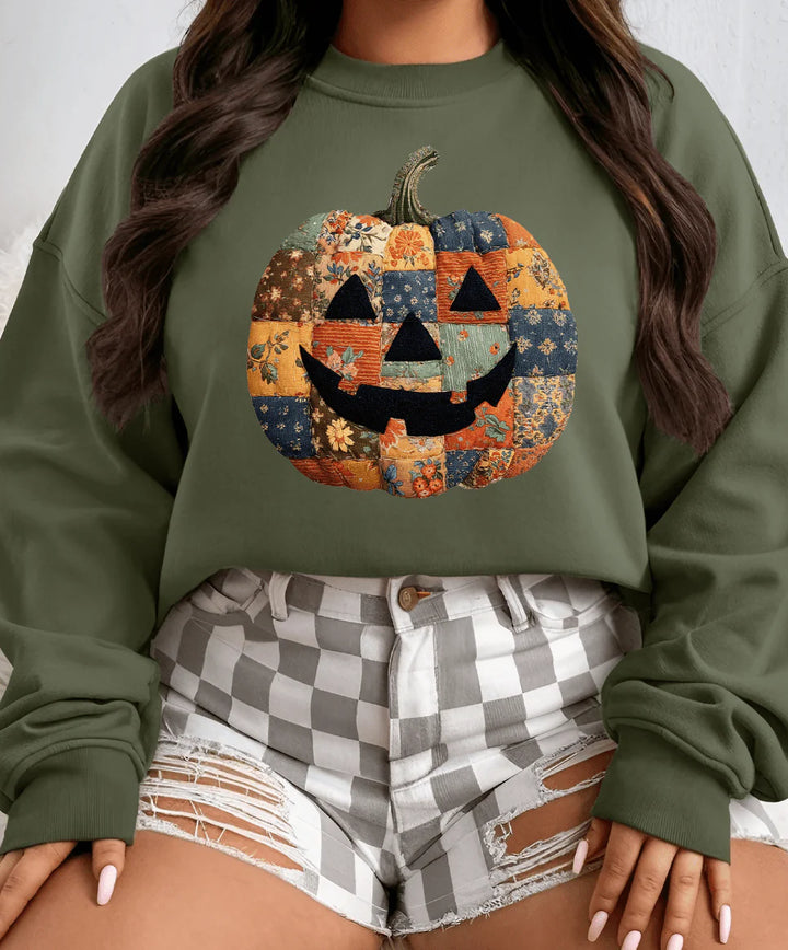 Online Exclusive | Patchwork Pumpkin Graphic on Tee & Sweatshirt Option