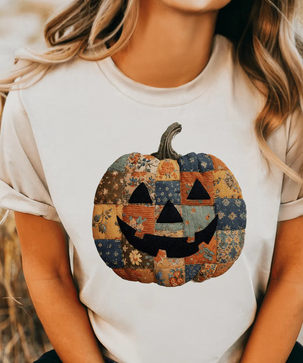 Online Exclusive | Patchwork Pumpkin Graphic on Tee & Sweatshirt Option