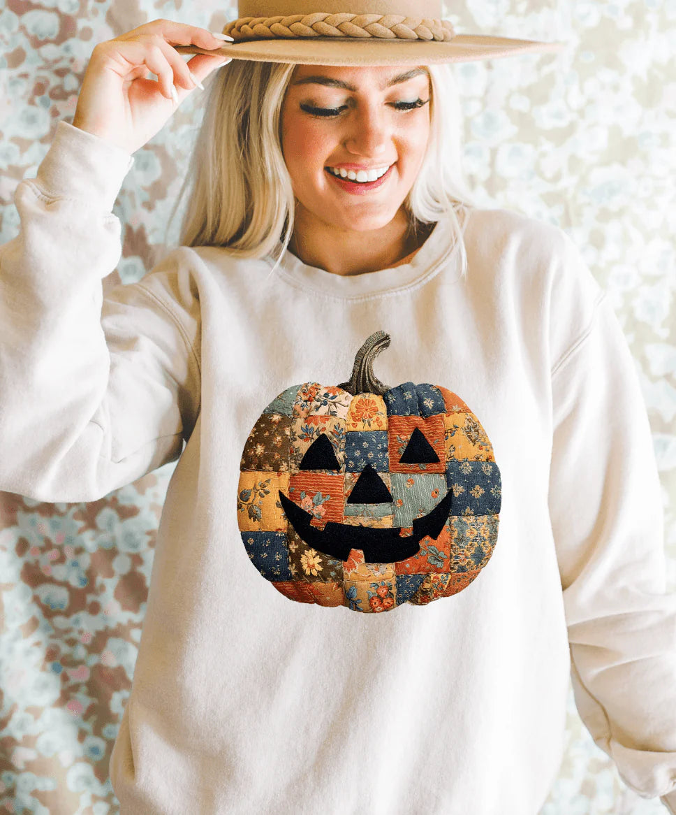 Online Exclusive | Patchwork Pumpkin Graphic on Tee & Sweatshirt Option