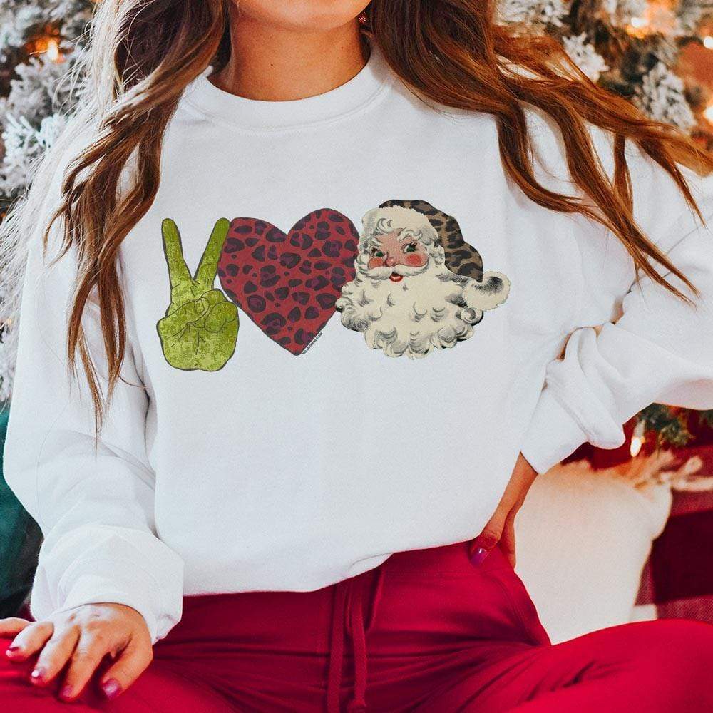 Online Exclusive | Peace Love Santa Christmas Fleece Graphic Sweatshirt in White - Giddy Up Glamour Boutique