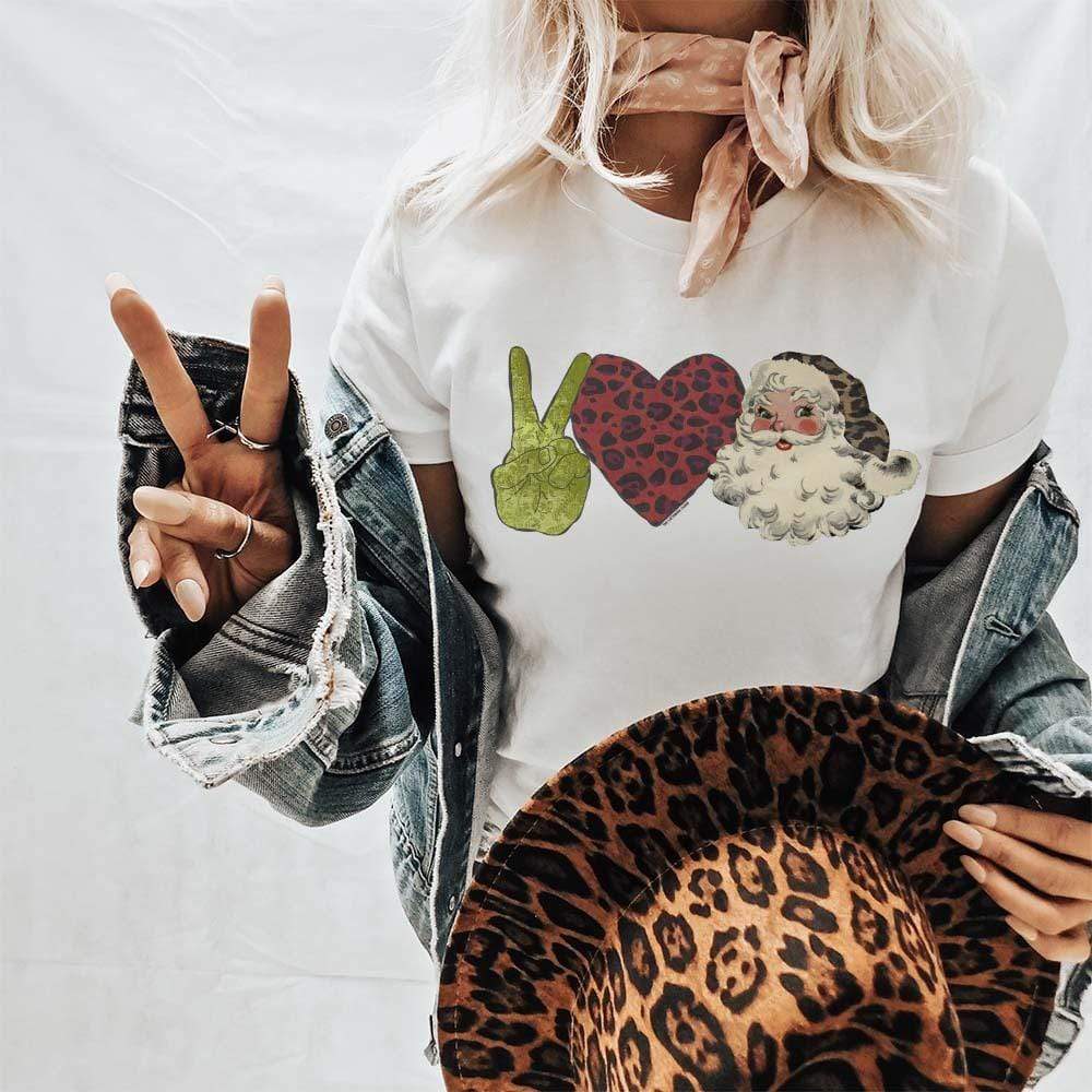 Online Exclusive | Peace Love Santa Clause Short Sleeve Graphic Tee in White - Giddy Up Glamour Boutique