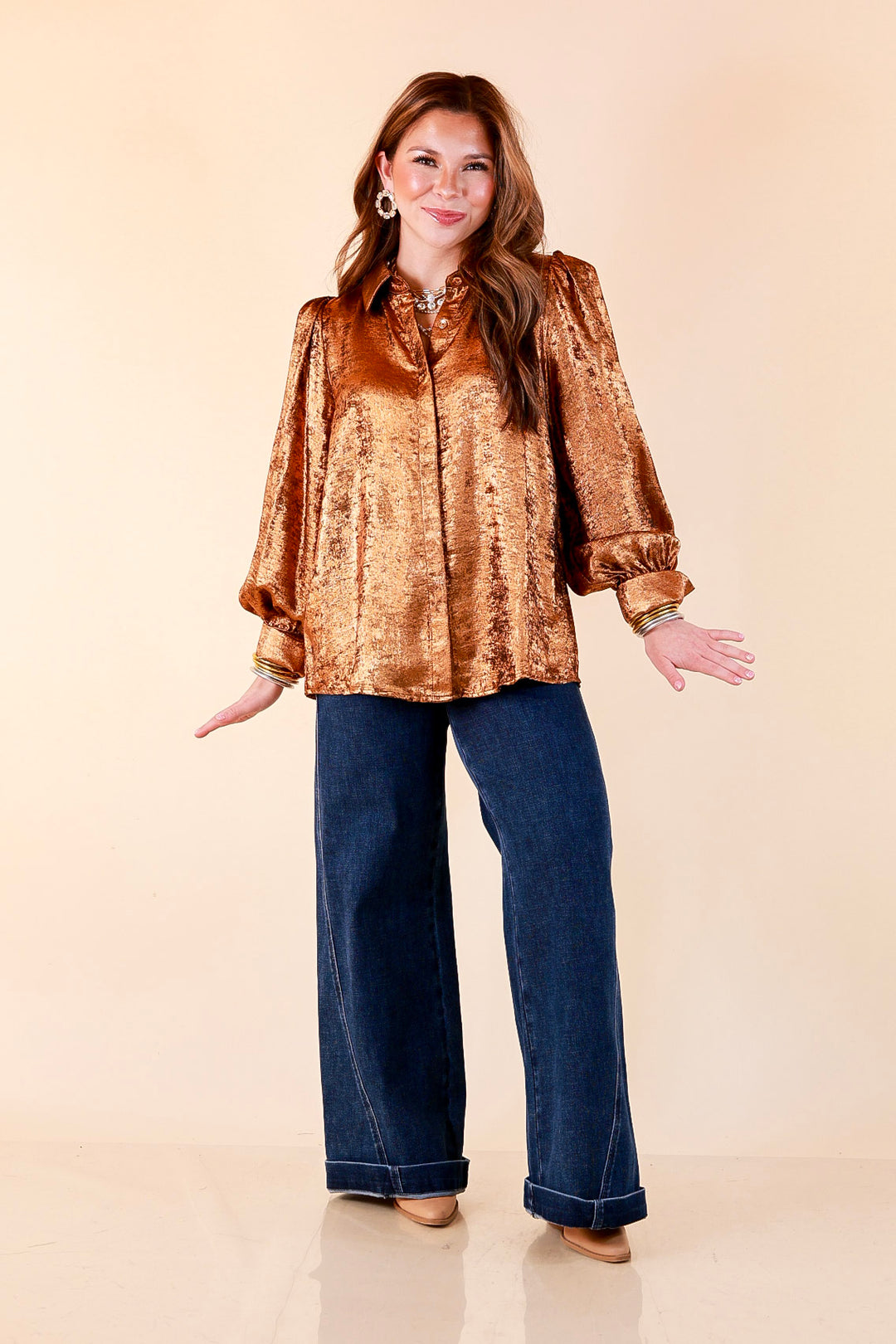 Penny for Your Thoughts Metallic Long Sleeve Button Up Collared Top in Bronze