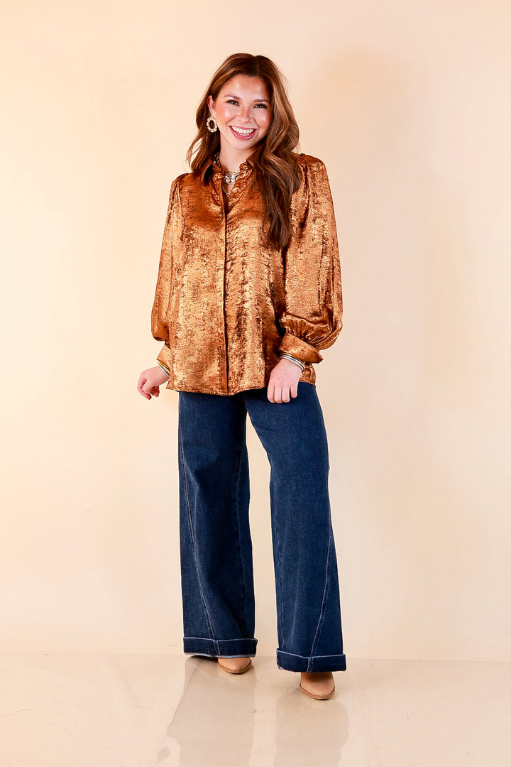 Penny for Your Thoughts Metallic Long Sleeve Button Up Collared Top in Bronze