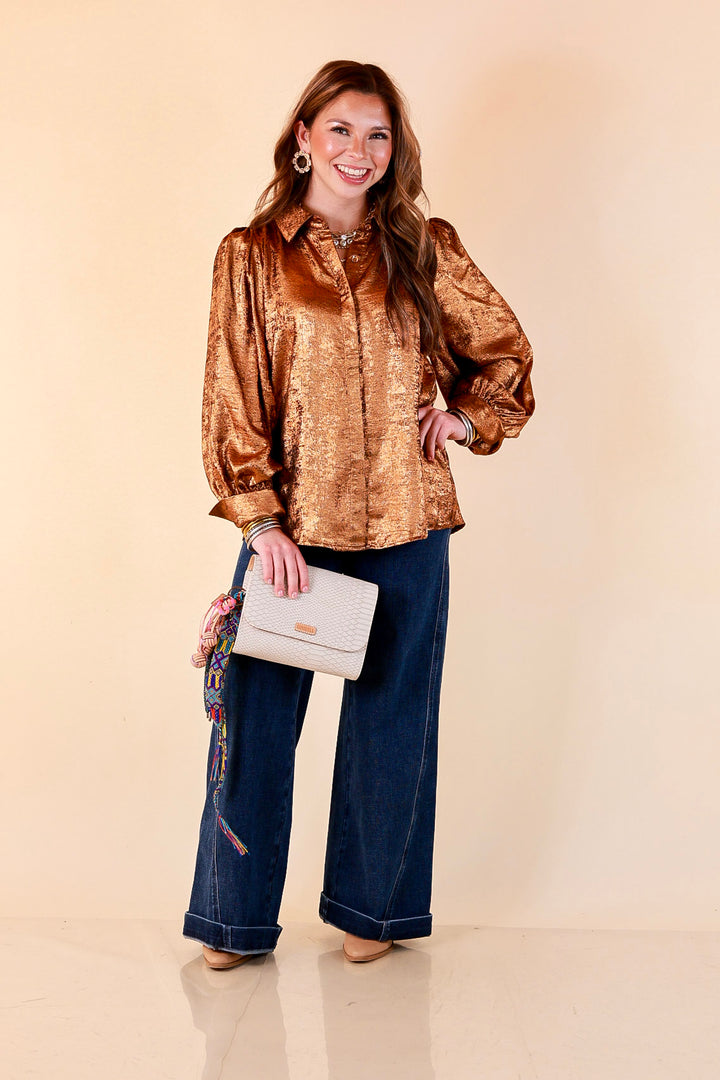 Penny for Your Thoughts Metallic Long Sleeve Button Up Collared Top in Bronze