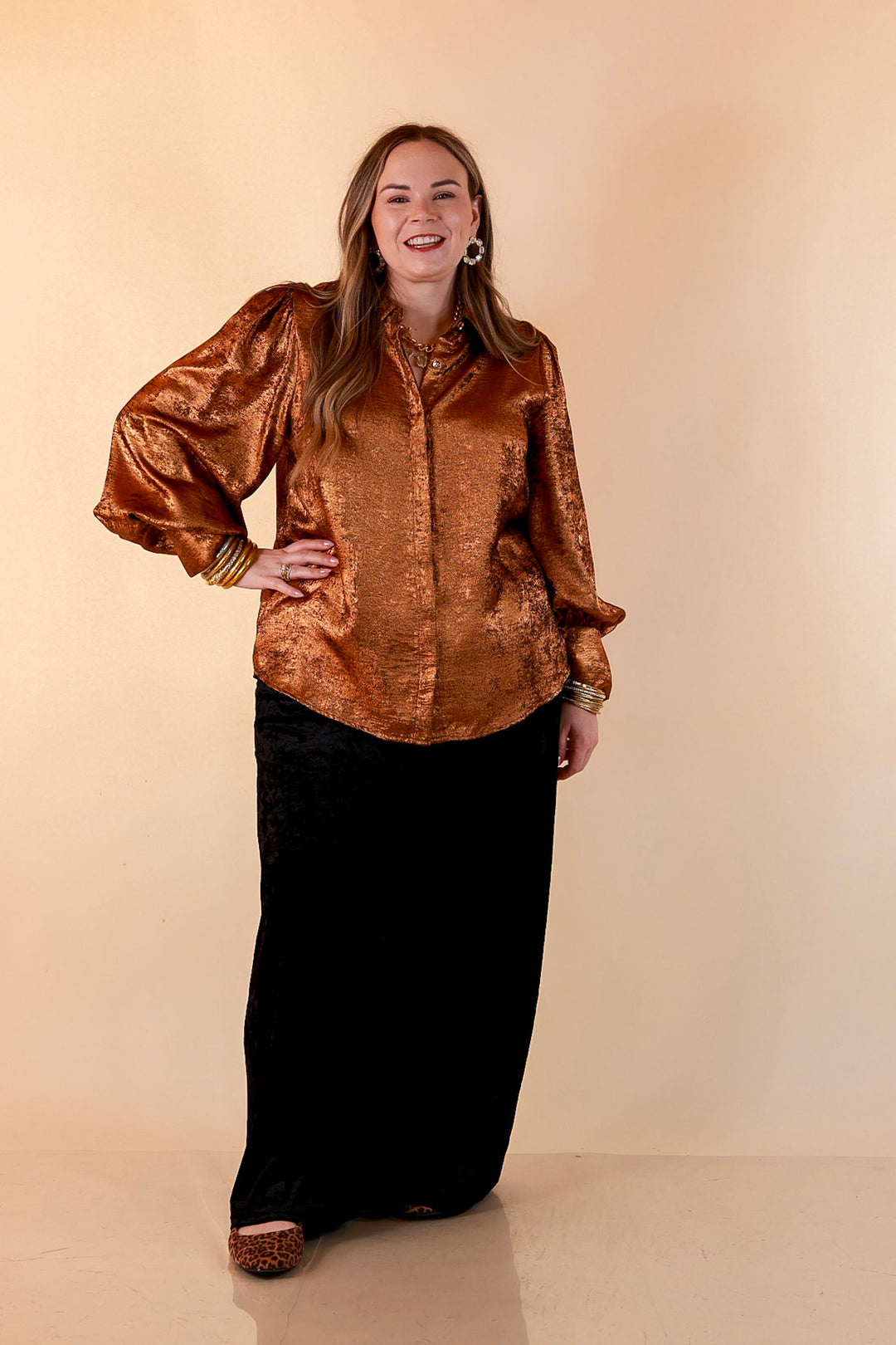 Penny for Your Thoughts Metallic Long Sleeve Button Up Collared Top in Bronze