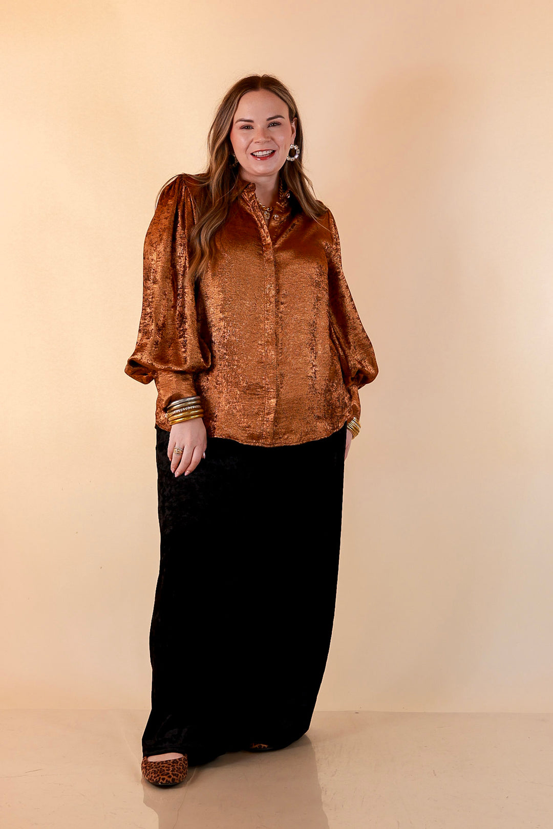 Penny for Your Thoughts Metallic Long Sleeve Button Up Collared Top in Bronze