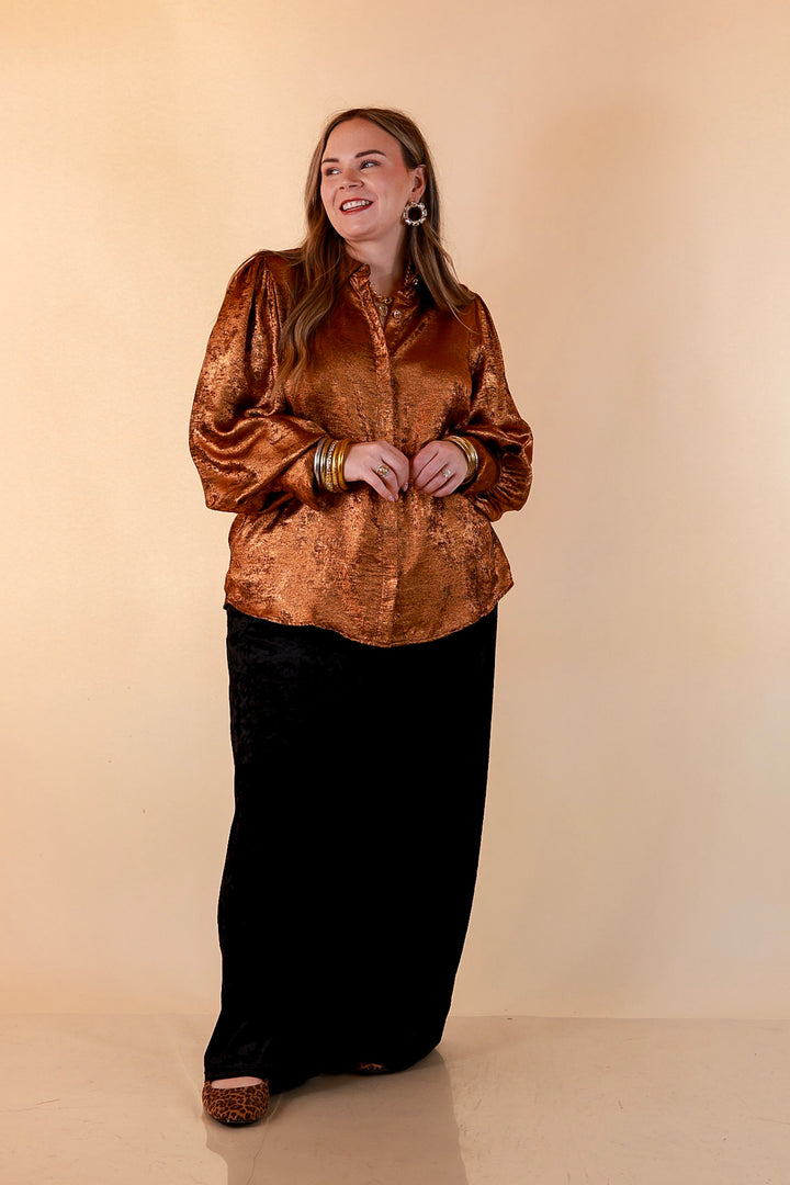 Penny for Your Thoughts Metallic Long Sleeve Button Up Collared Top in Bronze