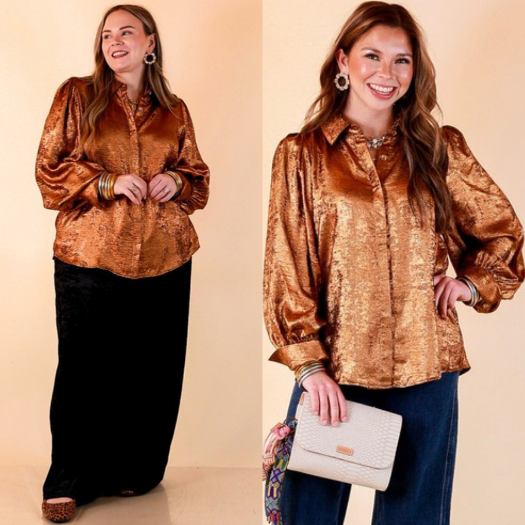 Two images of a woman wearing the Penny for Your Thoughts Metallic Long Sleeve Button Up Collared Top in Bronze on a beige background