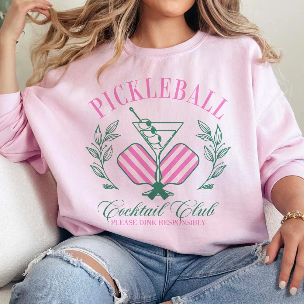 Online Exclusive | Pickleball Cocktail Club Coquette Long Sleeve Graphic Sweatshirt in Pink - Giddy Up Glamour Boutique