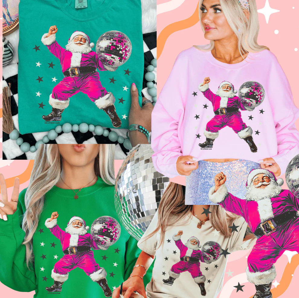 Collage of people wearing t-shirts with a colorful Santa Claus design.