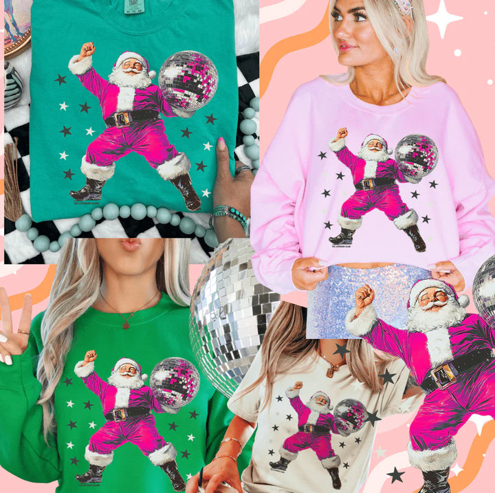 Collage of people wearing t-shirts with a colorful Santa Claus design.