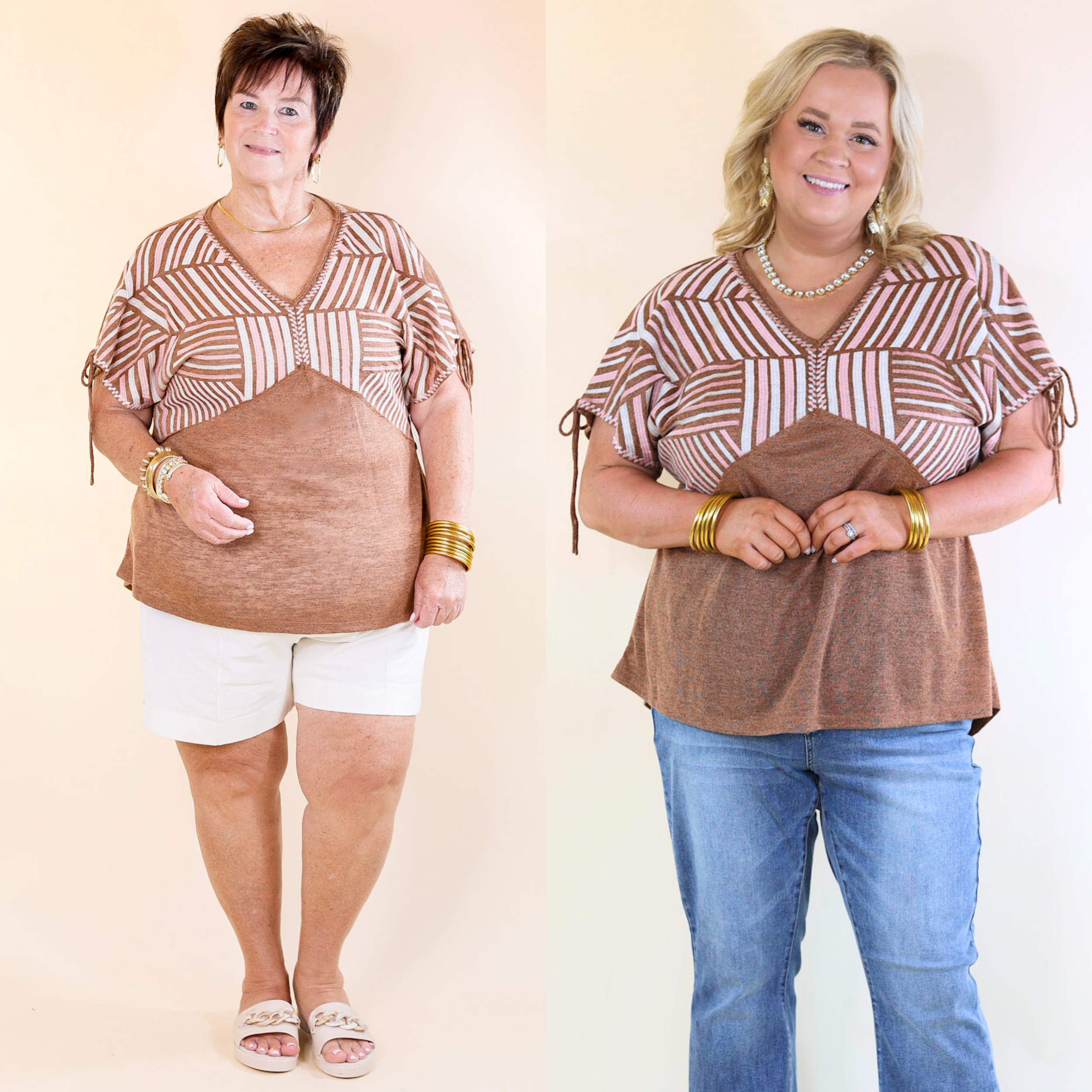 In the Desert Pink and Ivory Embroidered Top with Sleeve Ties in Brown