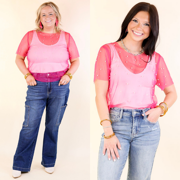 Shimmer in Style Mesh Short Sleeve Top with Pearls and Rhinestones in Hot Pink