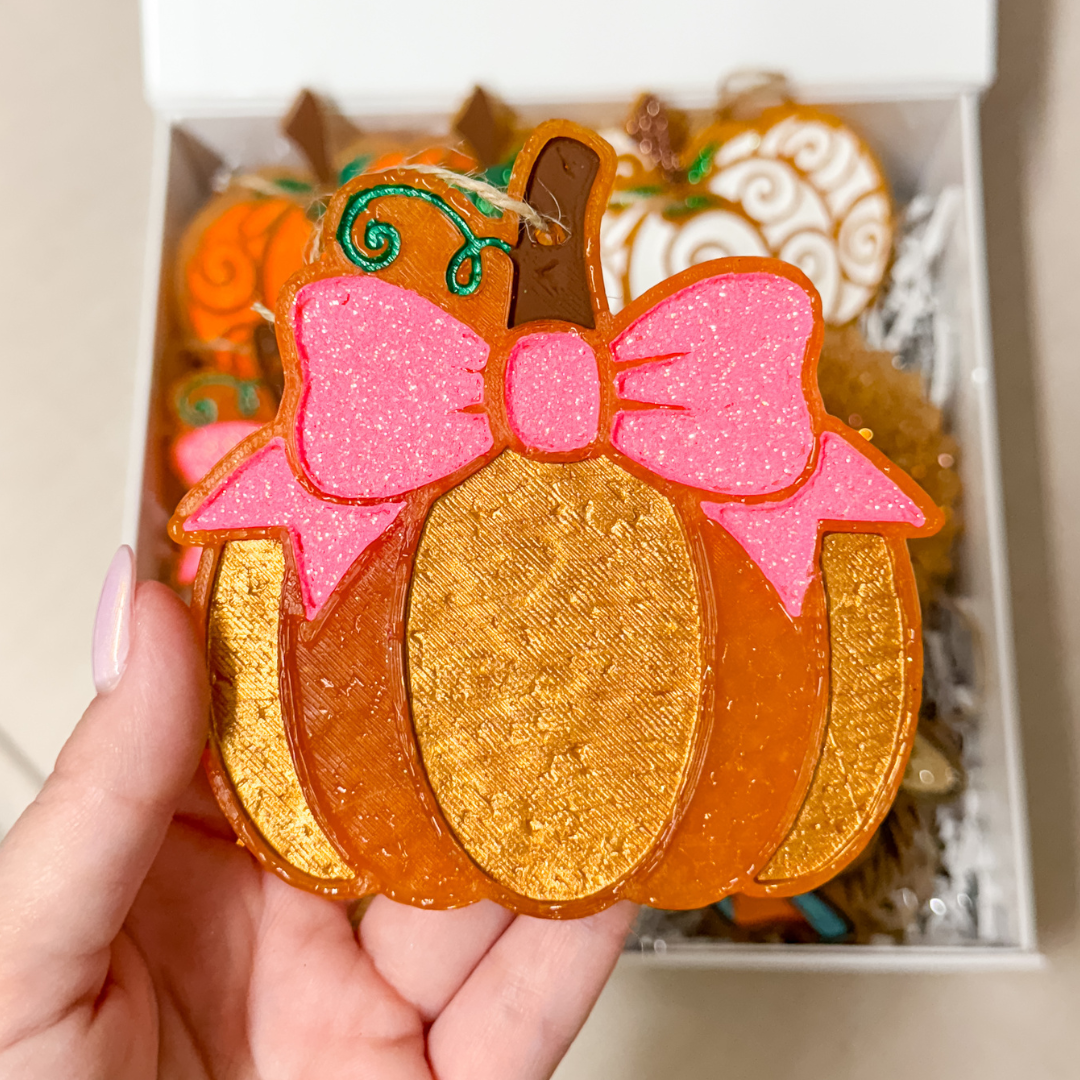 Sparkle & Spice Pumpkin with Pink Bow Car Freshie in Various Scents