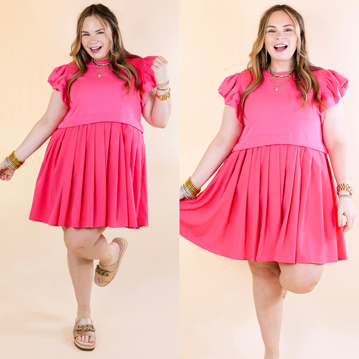 Simple Sophistication Solid Color Dress with Ruffle Cap Sleeves in Hot Pink