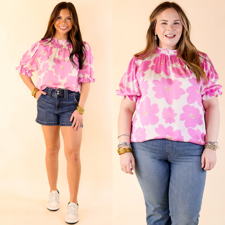 Divine Design Floral Blouse With Puffed Sleeve and Ruffle Neckline in Cream White