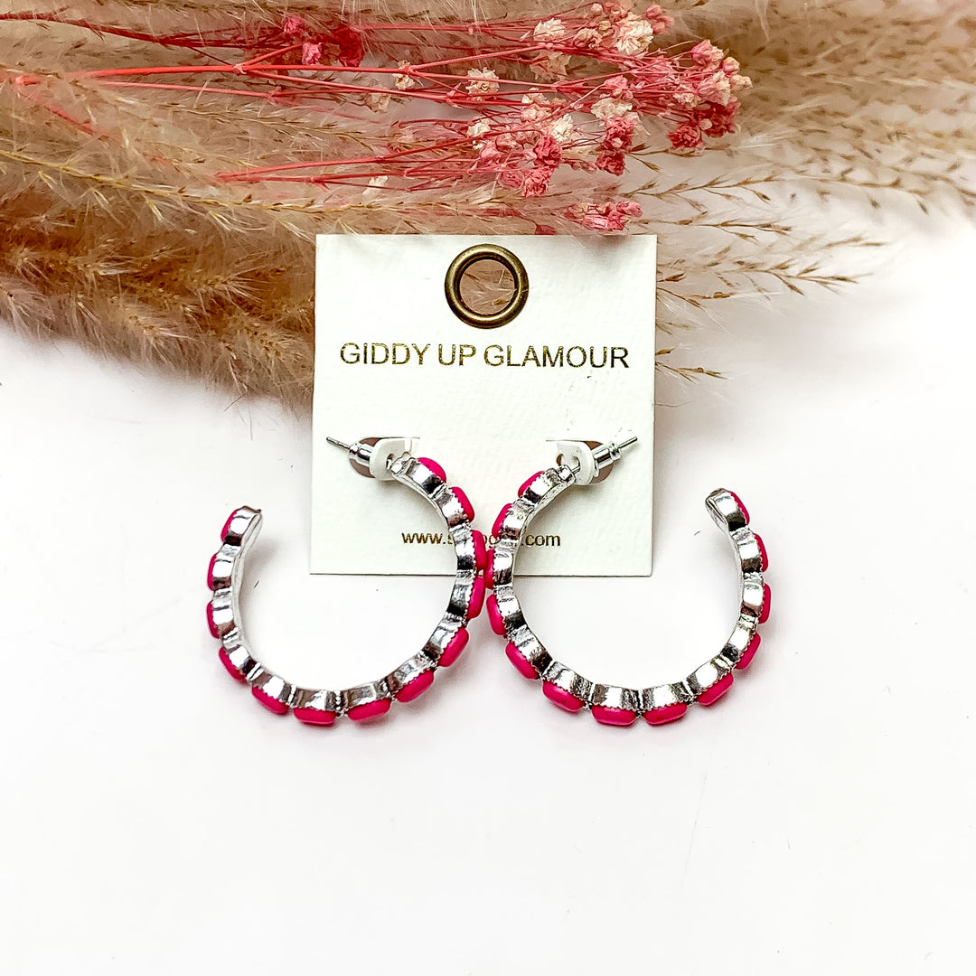 Western Semi Hoop Earrings in Silver with Pink Stone - Giddy Up Glamour Boutique