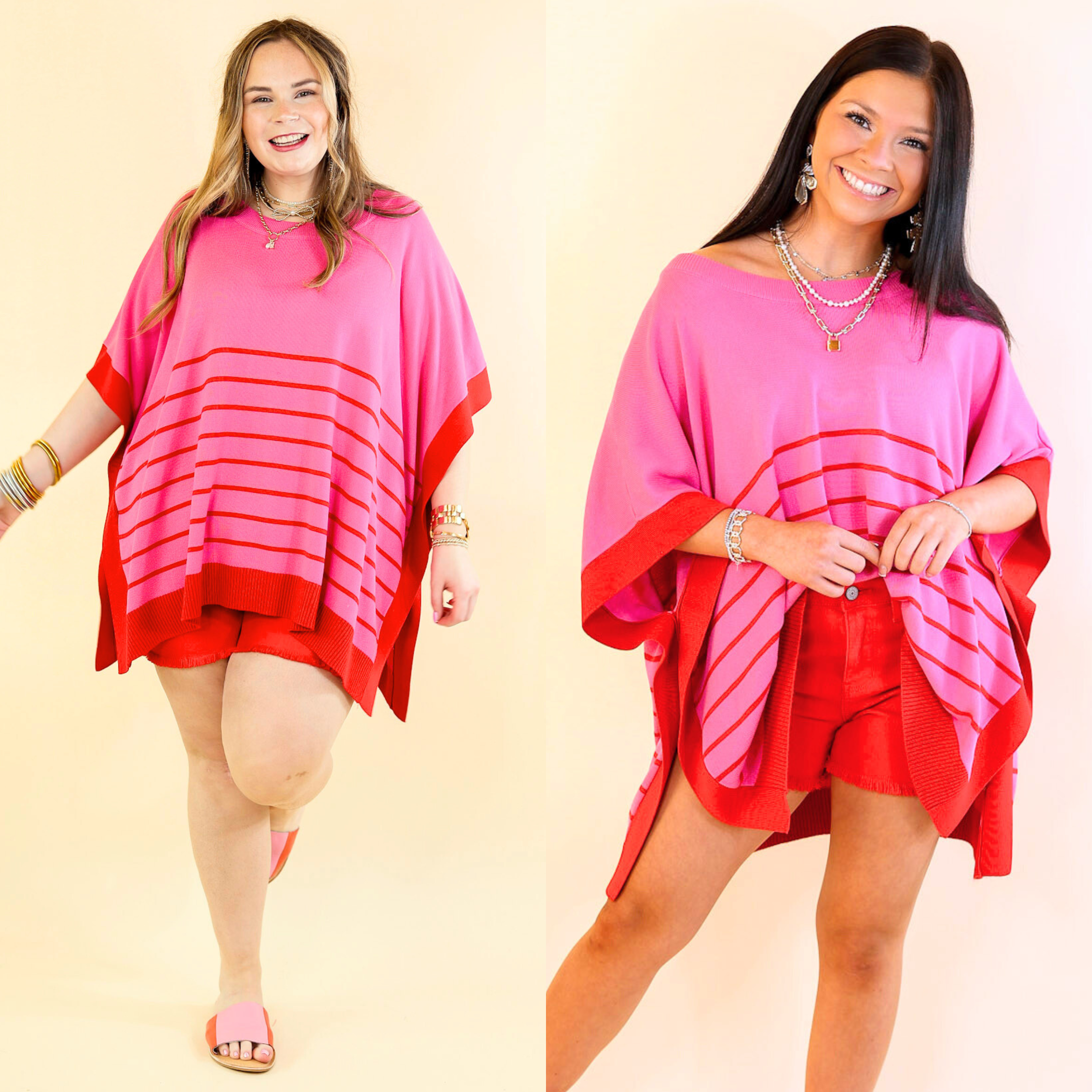 Casual to Chic Short Sleeve Striped Poncho Top in Pink and Red - Giddy Up Glamour Boutique