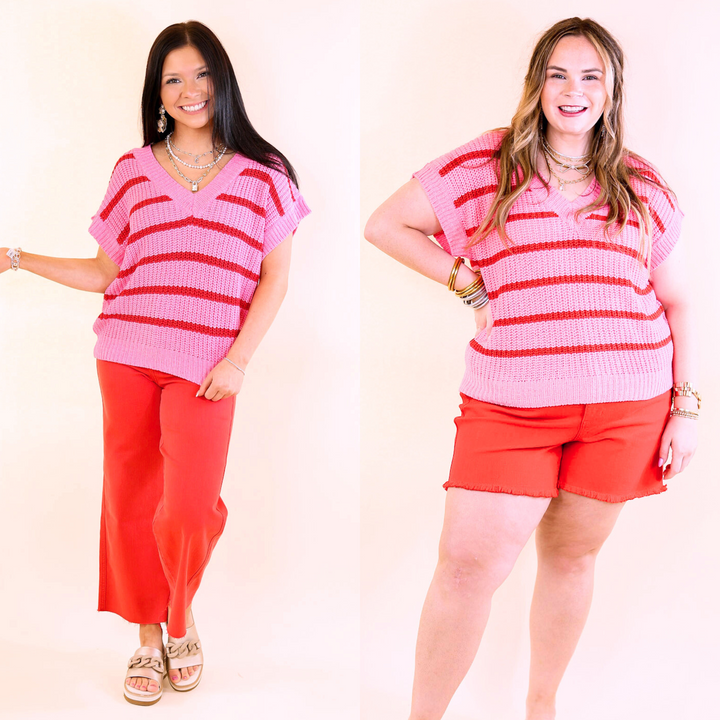 Cool Comfort Short Sleeve Striped Sweater in Pink and Red - Giddy Up Glamour Boutique