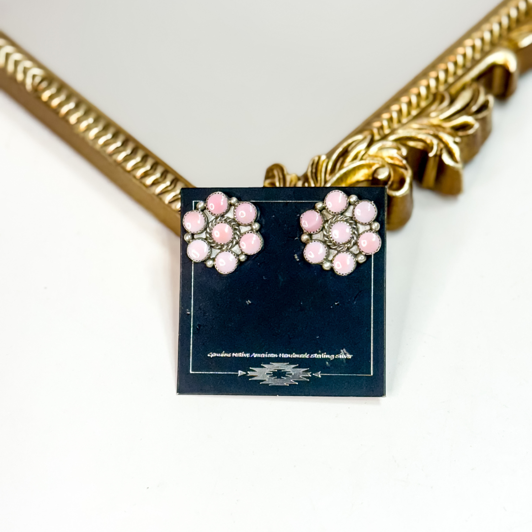 Navajo handmade sterling silver pink conch flower cluster earrings by Native American artist Maxine Ramirez, pink conch stud earrings