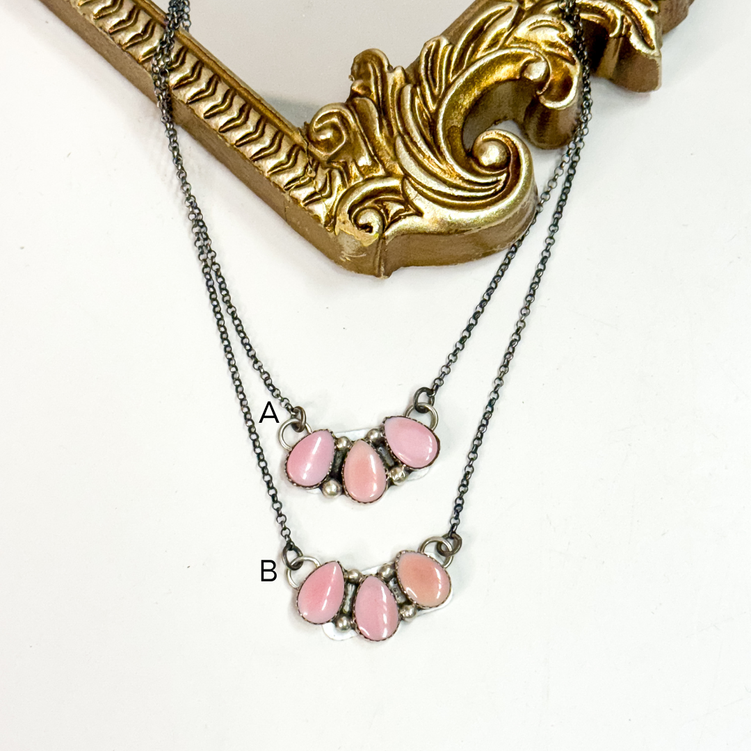 Navajo handmade sterling silver pink conch necklace by Native American artist Jimson Belin, pink conch cluster pendant necklace