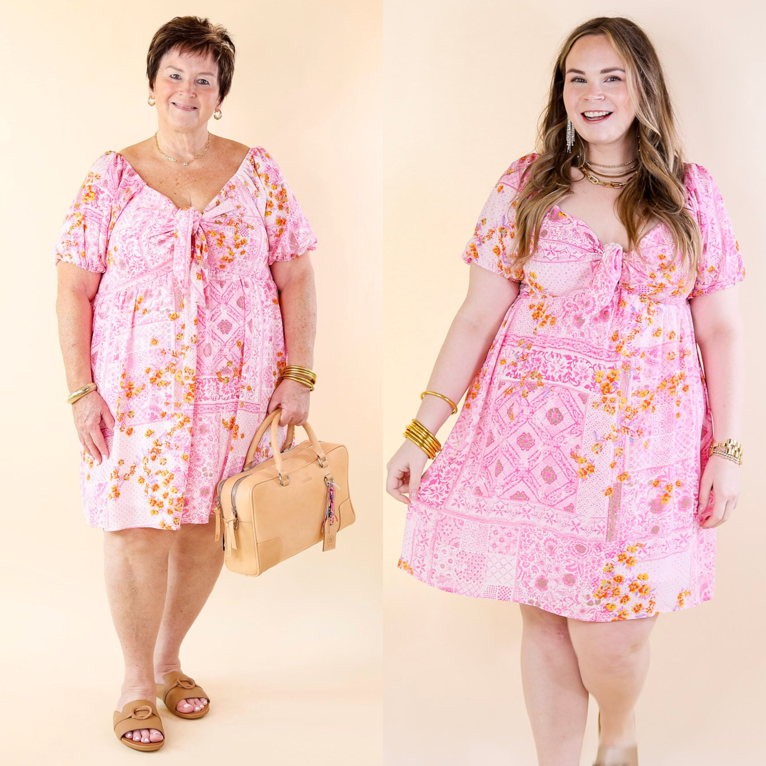 Down For Delight Floral Geometric Print Dress with Front Tie in Pink - Giddy Up Glamour Boutique