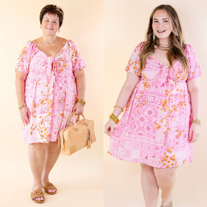 Down For Delight Floral Geometric Print Dress with Front Tie in Pink - Giddy Up Glamour Boutique