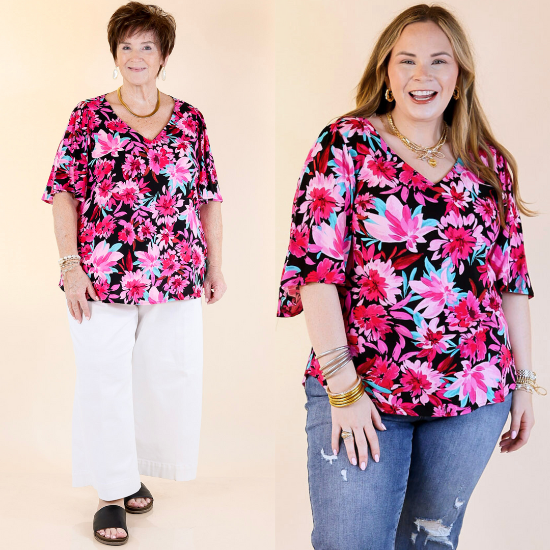 This top includes short flowy sleeves, a v neckline, and a slight a-line body. Available in sizes small through plus sizes.