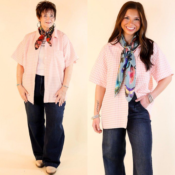 What A Rush Button Up Gingham Short Sleeve Top in Light Pink