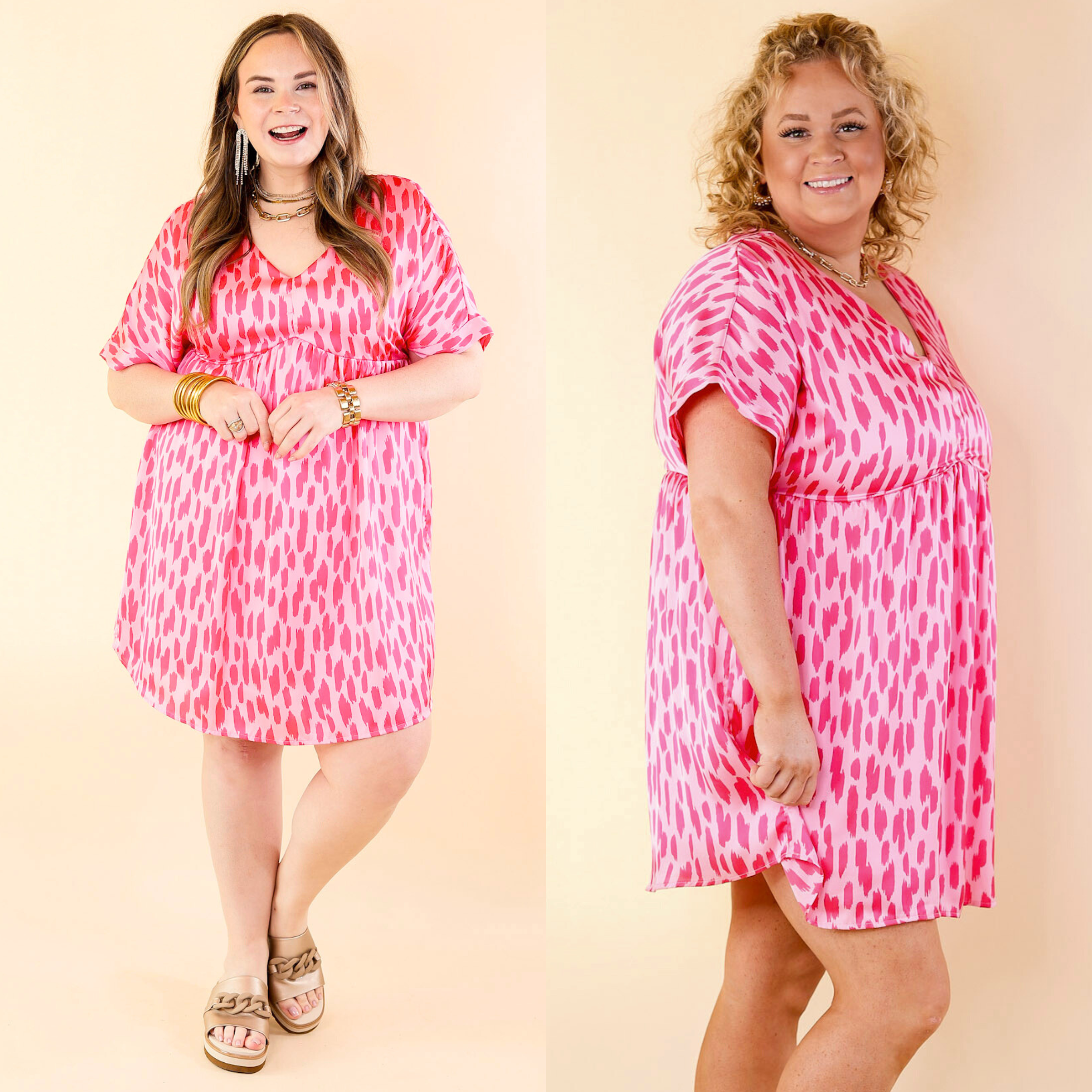 Fresh Blossoms Dotted Print Babydoll Dress with V Neck in Pink - Giddy Up Glamour Boutique