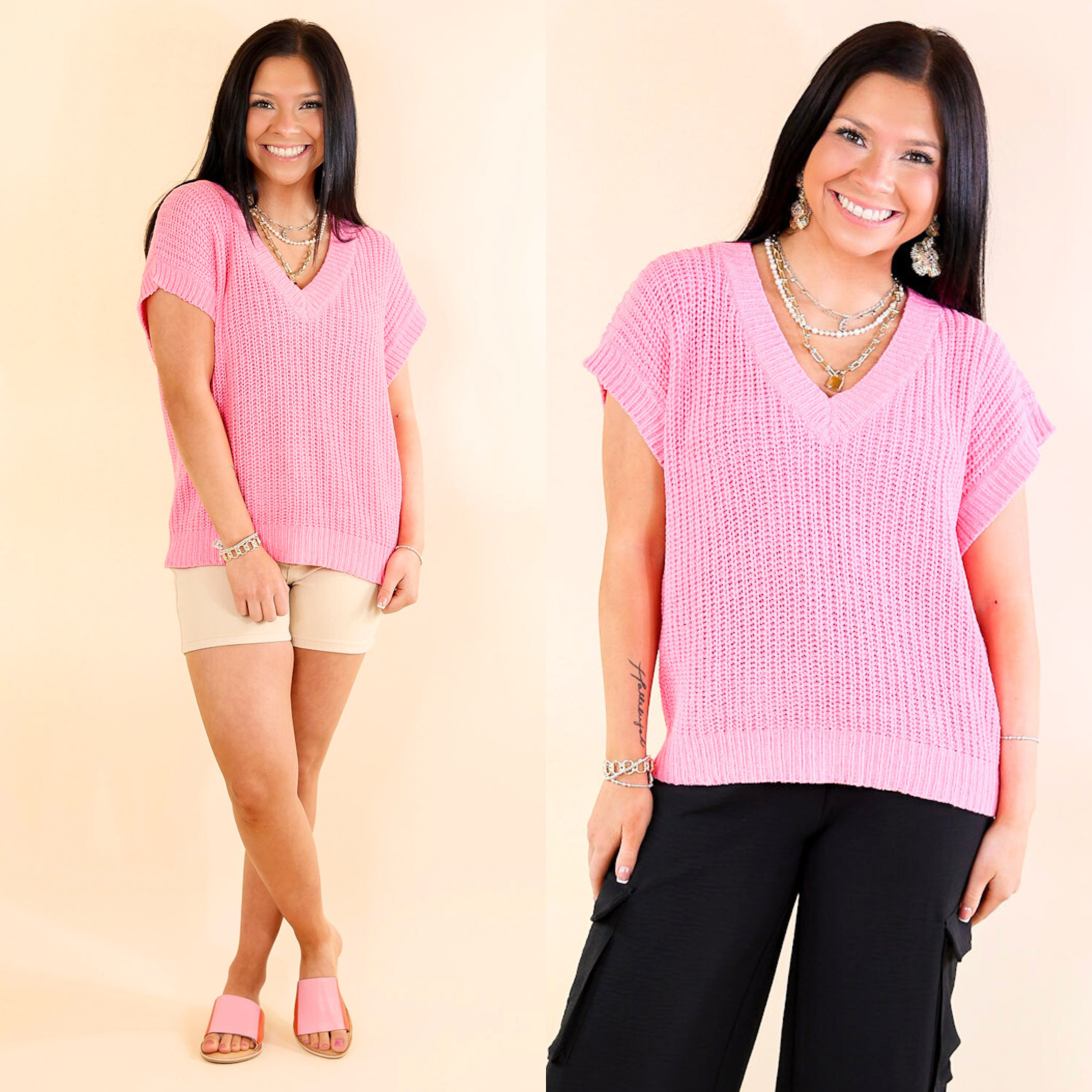 Summer Days Short Sleeve V Neck Sweater in Hot Pink - Giddy Up Glamour Boutique