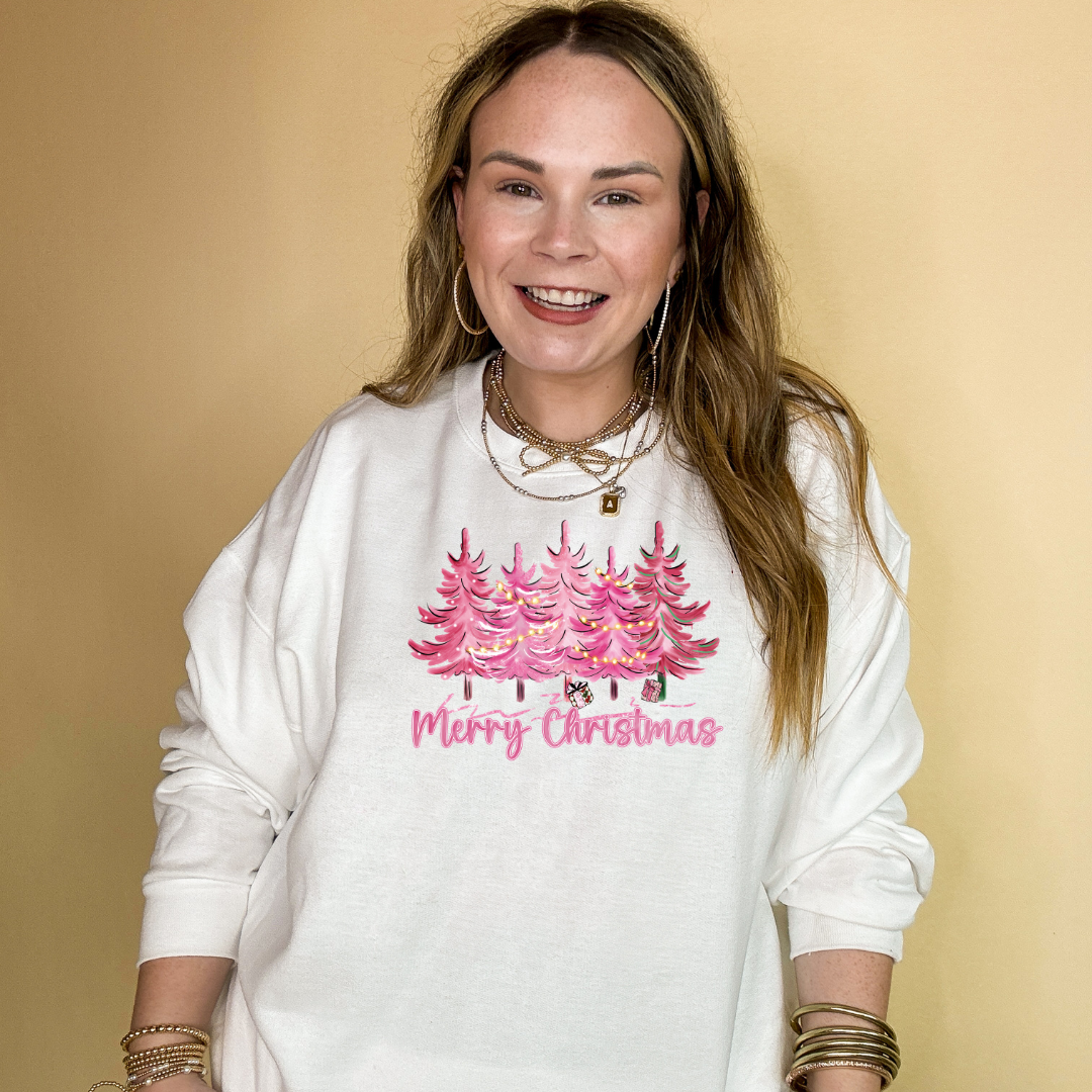 Online Exclusive | Pink Christmas Tree Forest Graphic Sweatshirt in Multiple Color Options