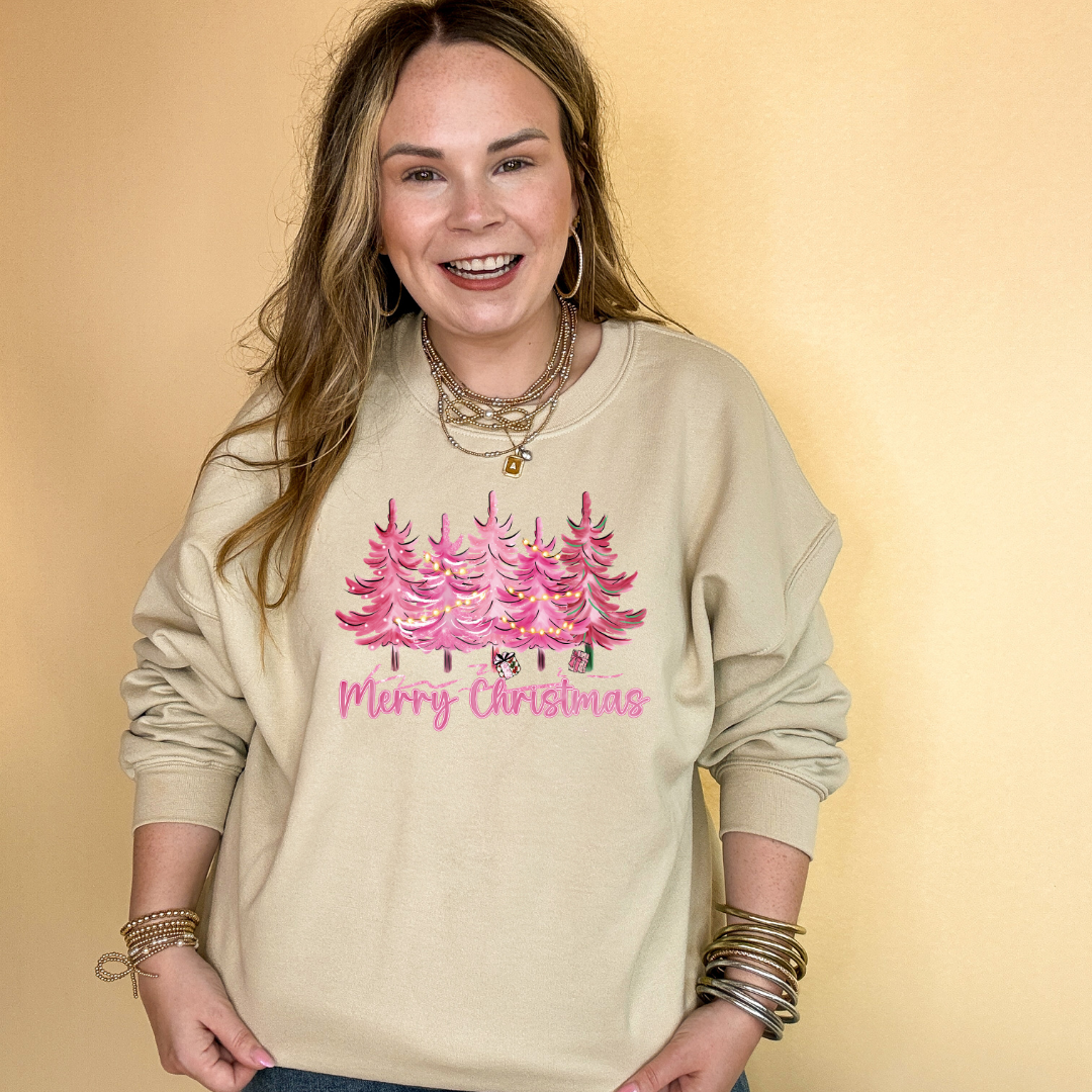 Online Exclusive | Pink Christmas Tree Forest Graphic Sweatshirt in Multiple Color Options