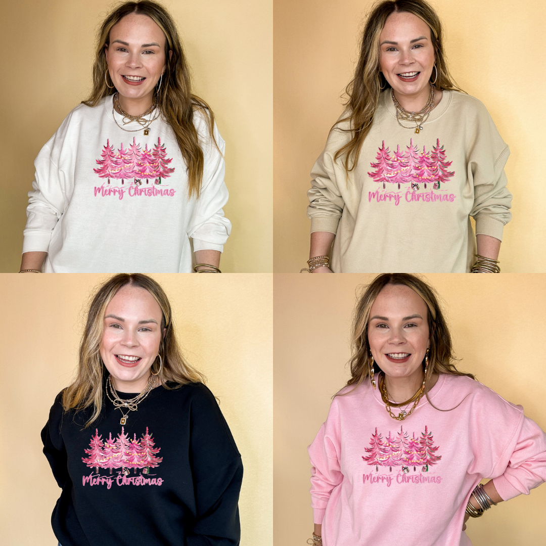 Online Exclusive | Pink Christmas Tree Forest Graphic Sweatshirt in Multiple Color Options