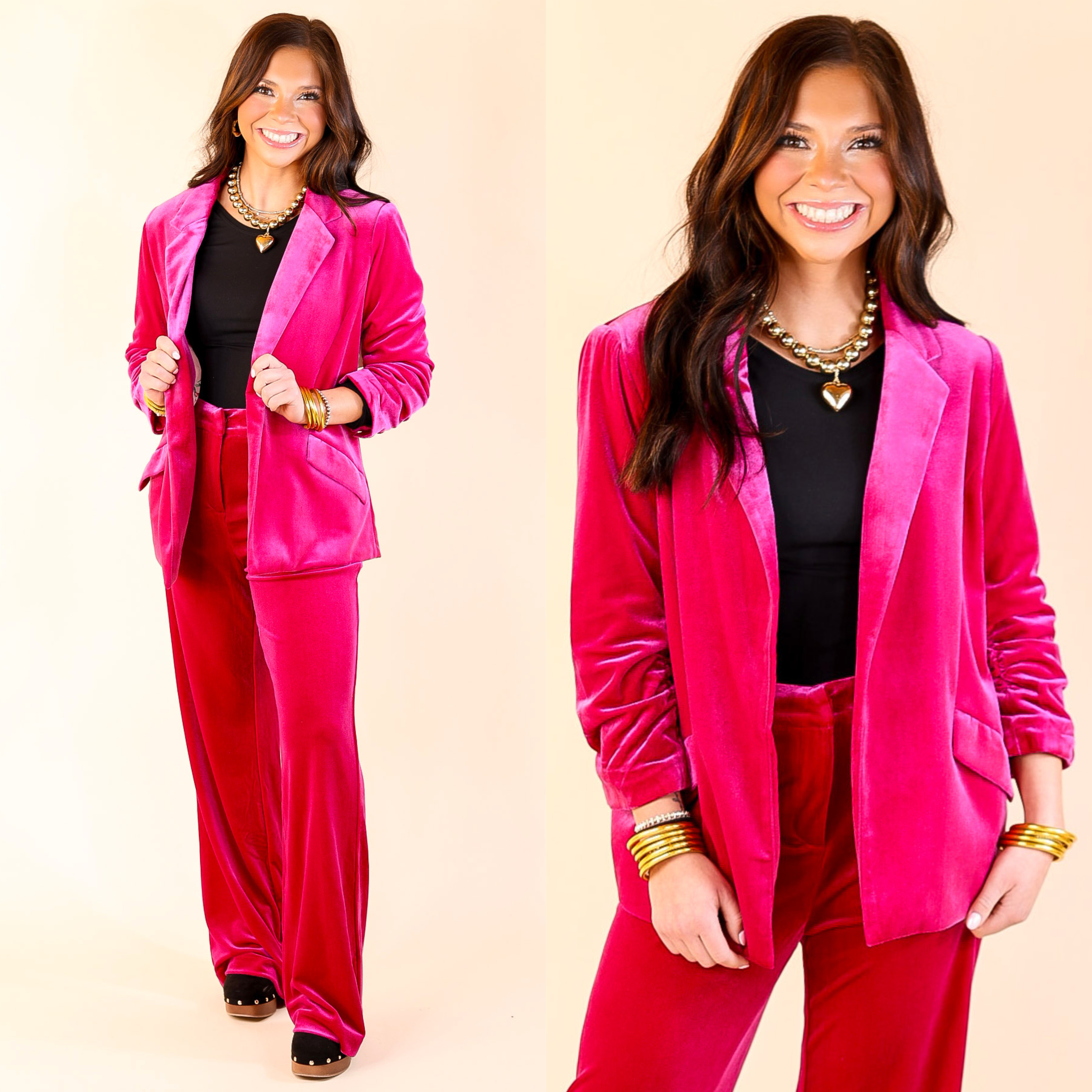 Chic Arrival 3/4 Sleeve Velvet Blazer in Fuchsia Pink