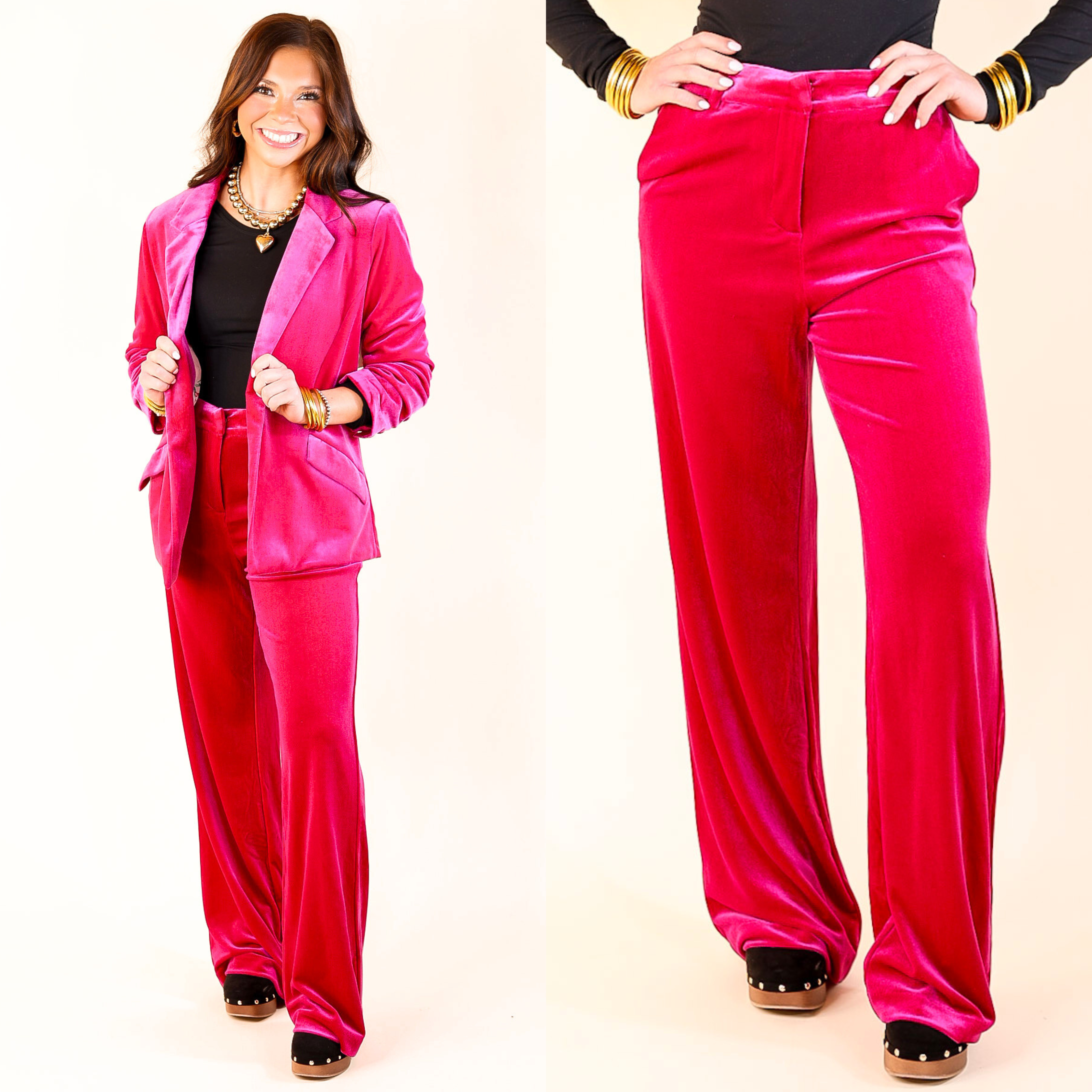 Chic Arrival Velvet Trouser Pants in Fuchsia Pink