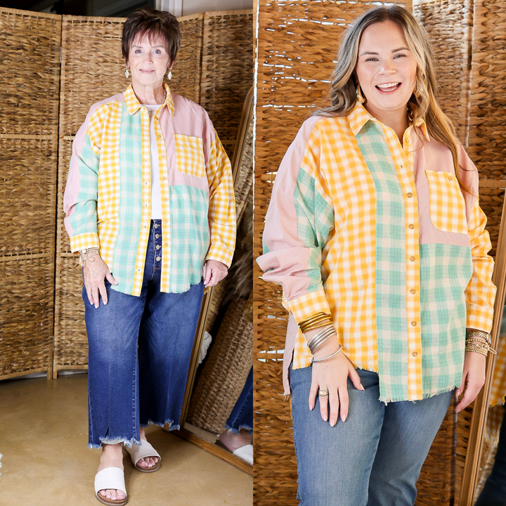 Sandy Shore Plaid Print Block Button Up Top with Raw Hem in Mustard Yellow Mix